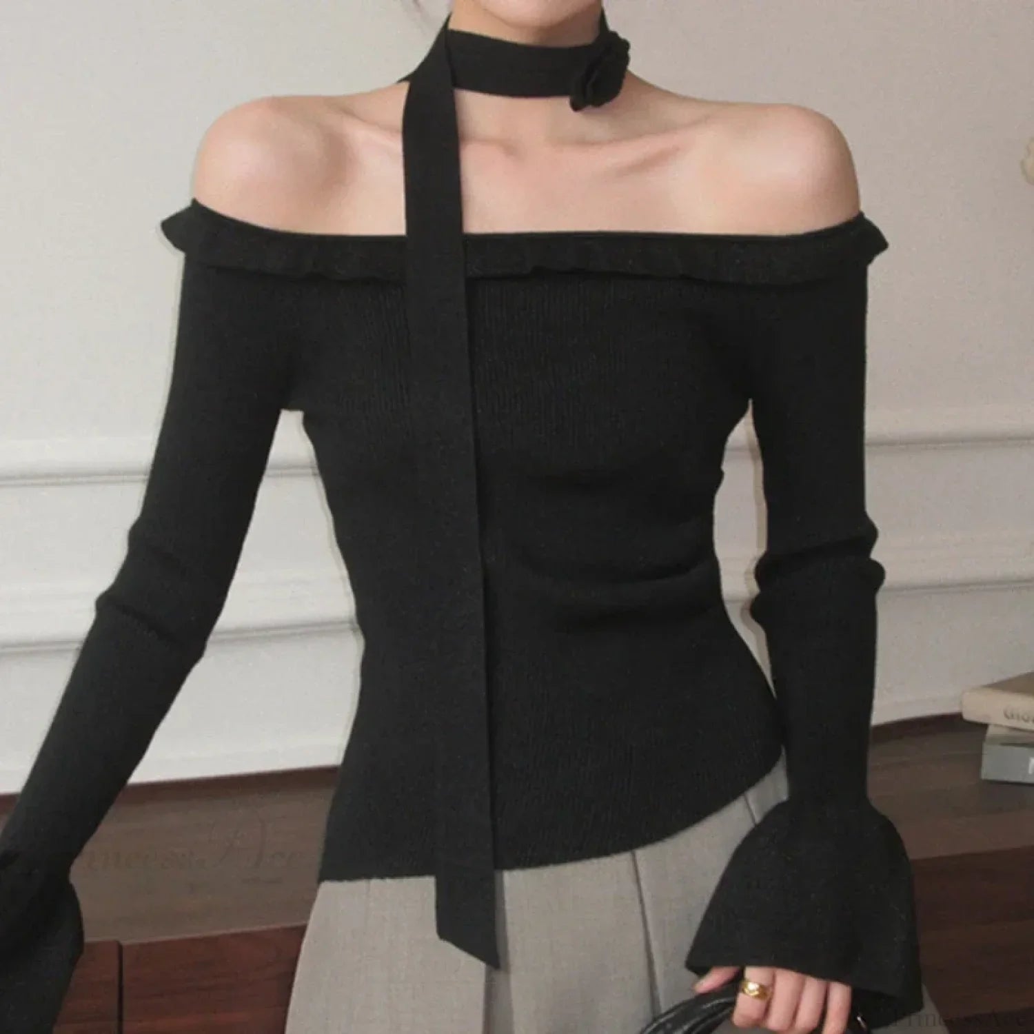 Off Shoulder Knit Crop Long Flare Sleeve Ruffle Trim Knit Top image 6
