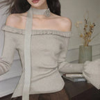 Off Shoulder Knit Crop Long Flare Sleeve Ruffle Trim Knit Top image 3