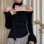 Off Shoulder Knit Crop Long Flare Sleeve Ruffle Trim Knit Top image 5
