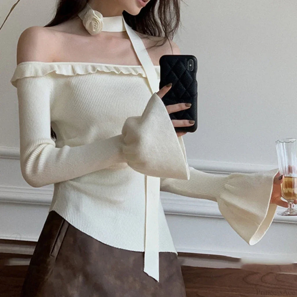 Off Shoulder Knit Crop Long Flare Sleeve Ruffle Trim Knit Top image 2