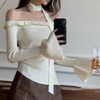 Off Shoulder Knit Crop Long Flare Sleeve Ruffle Trim Knit Top image 2