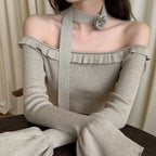 Off Shoulder Knit Crop Long Flare Sleeve Ruffle Trim Knit Top image 4