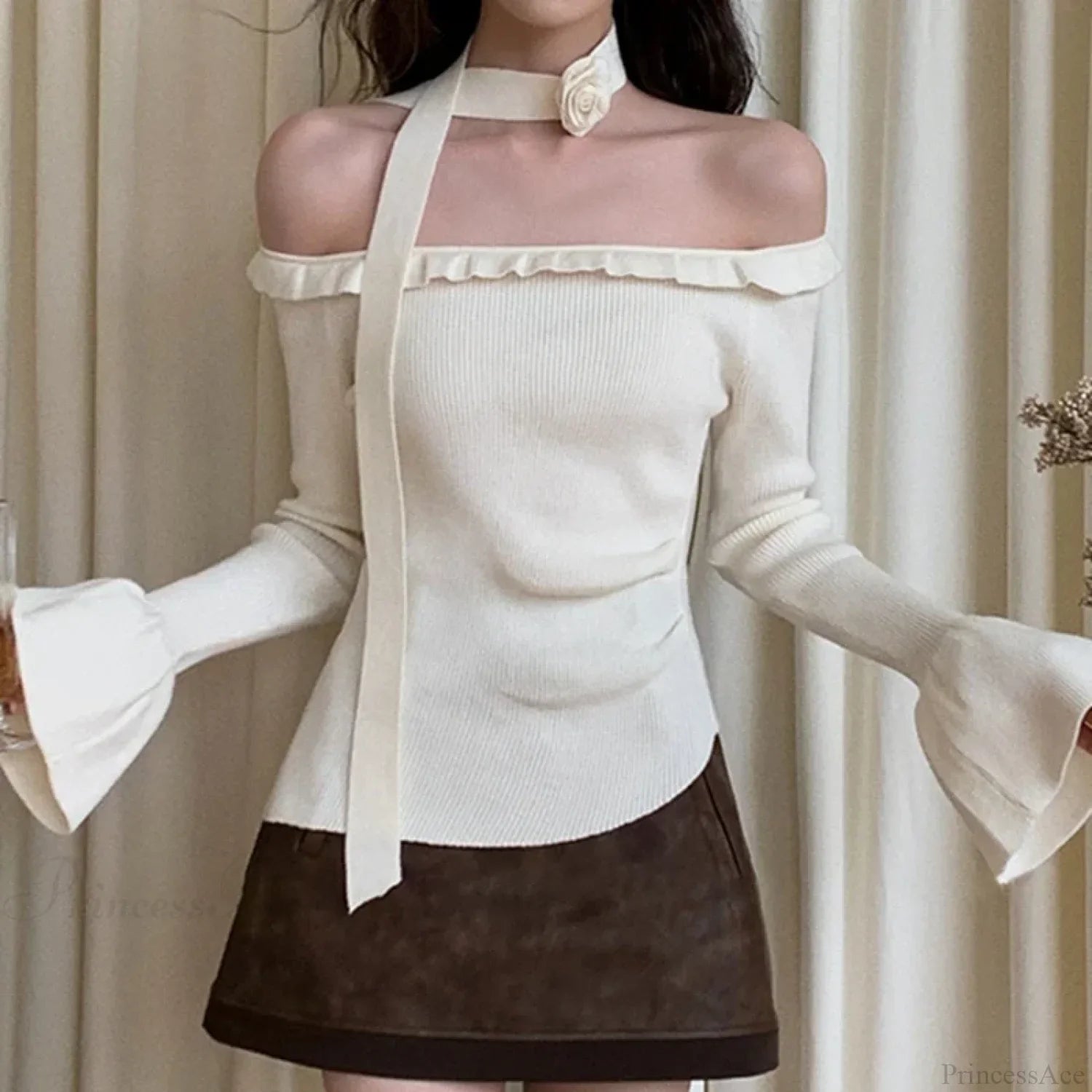 Off Shoulder Knit Crop Long Flare Sleeve Ruffle Trim Knit Top image 1