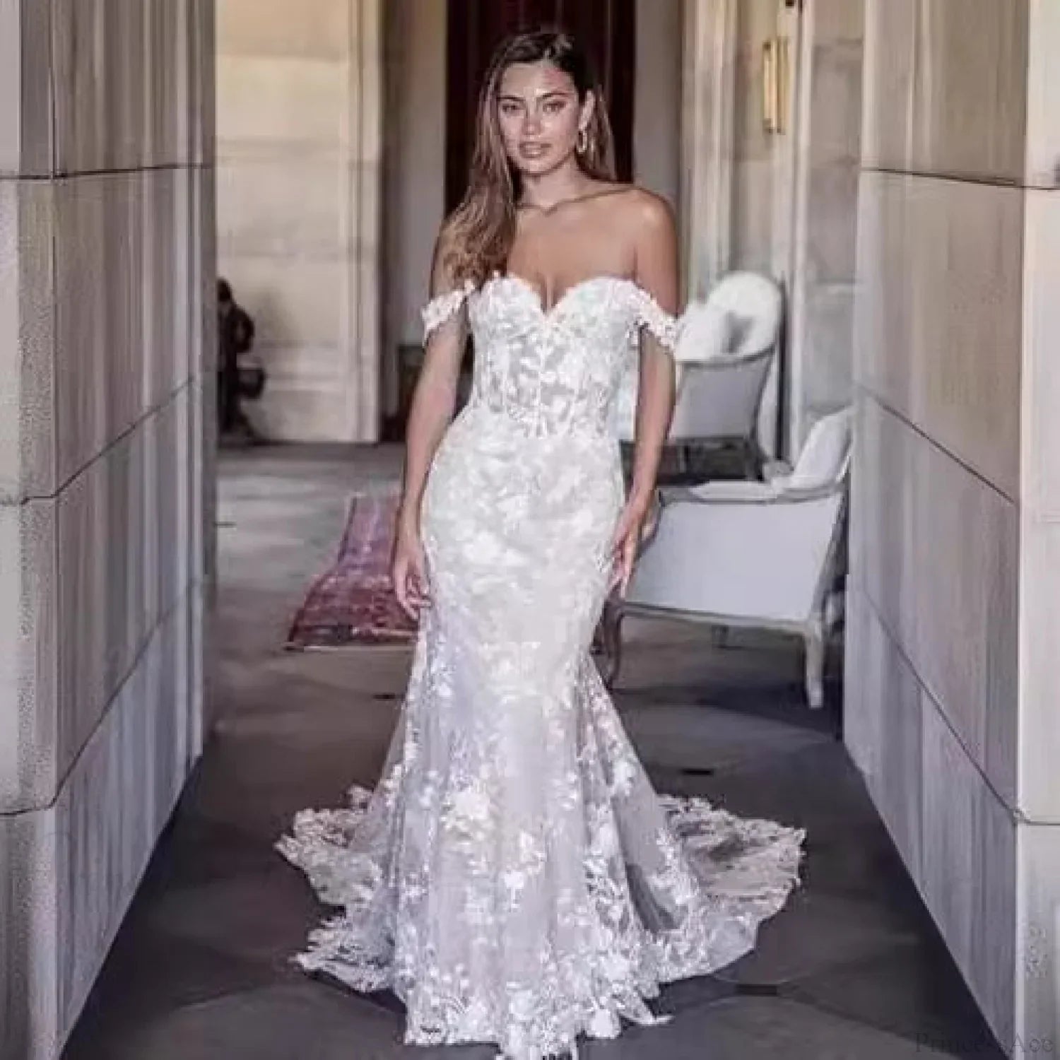 Off-Shoulder Lace Mermaid Bridal Wedding Dress image 1
