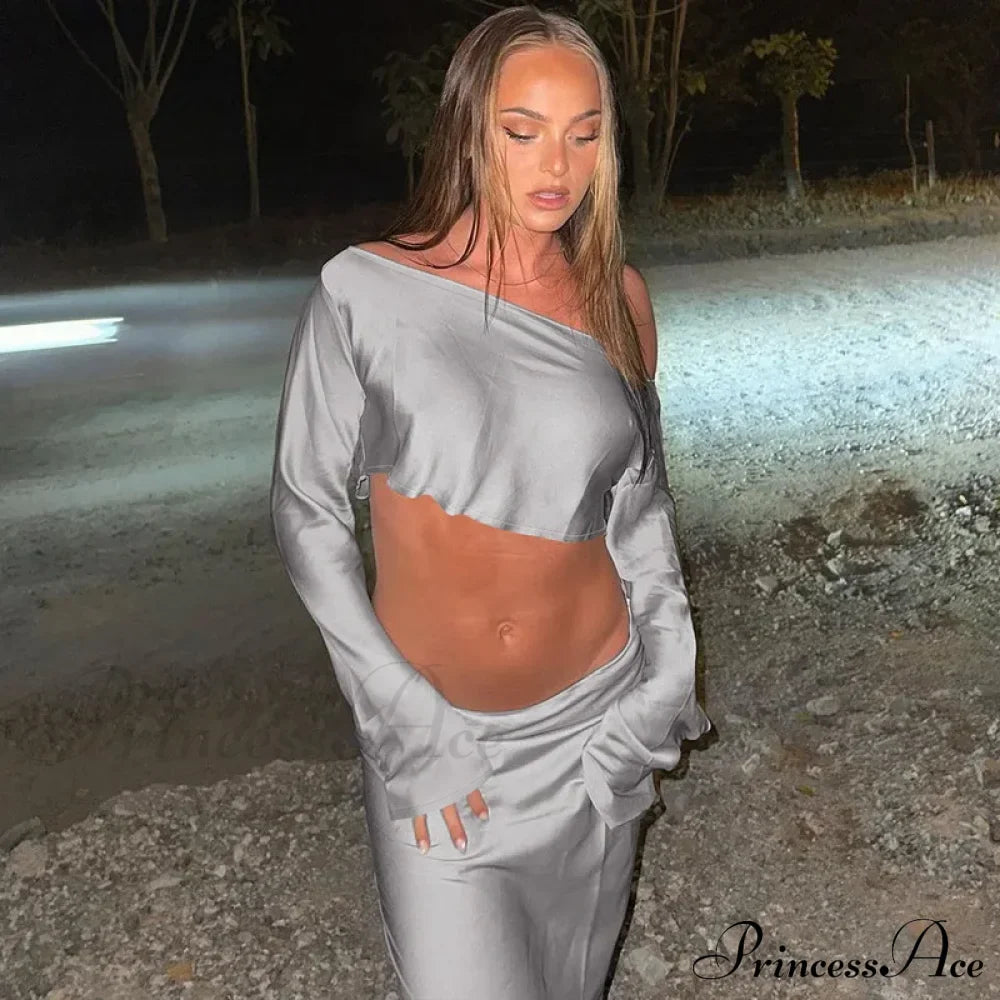 Off Shoulder Long Sleeve Top and Skirt 2 Piece Set Asymmetric Silky Co-Ords Matching Sets Midi Dress image 6
