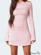 Off Shoulder Ruched Fashion Long Sleeve Irregular Neck Mini Dress image 2