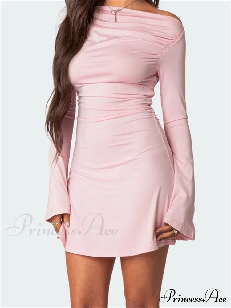 Off Shoulder Ruched Fashion Long Sleeve Irregular Neck Mini Dress image 3