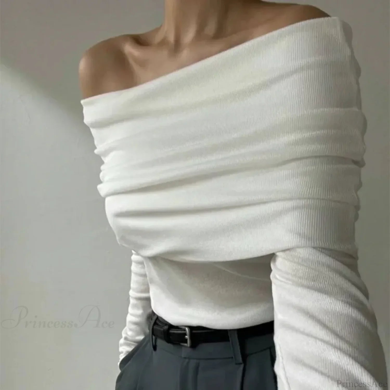Off-Shoulder Slim Long Sleeve Pleated Sweater image 6