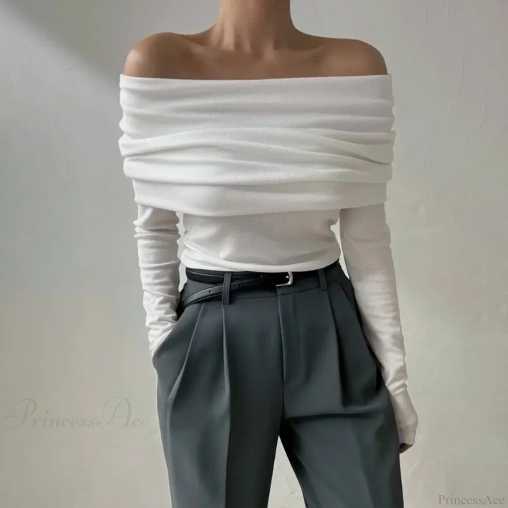 Off-Shoulder Slim Long Sleeve Pleated Sweater image 1