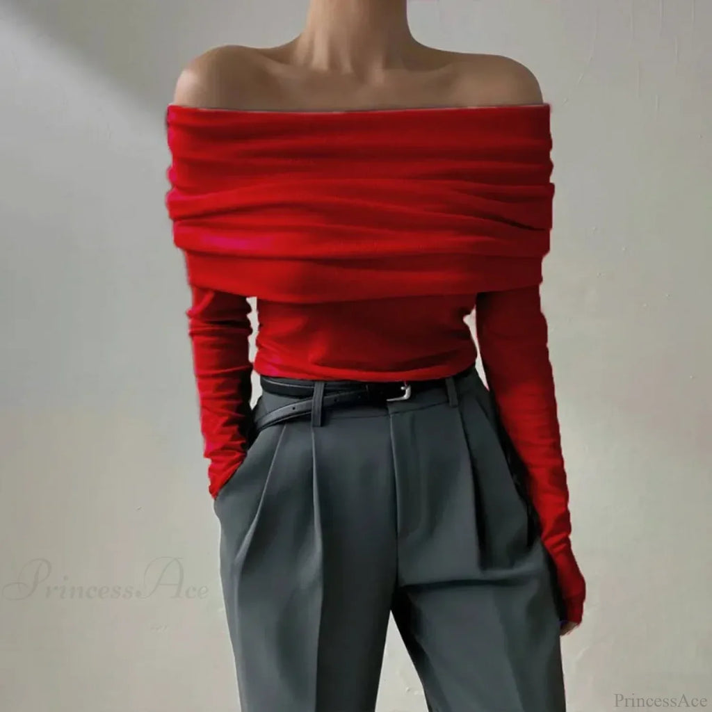 Off-Shoulder Slim Long Sleeve Pleated Sweater image 5