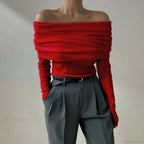 Off-Shoulder Slim Long Sleeve Pleated Sweater image 5