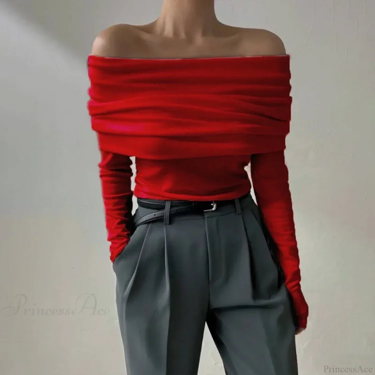 Off-Shoulder Slim Long Sleeve Pleated Sweater image 5