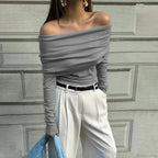 Off-Shoulder Slim Long Sleeve Pleated Sweater image 3