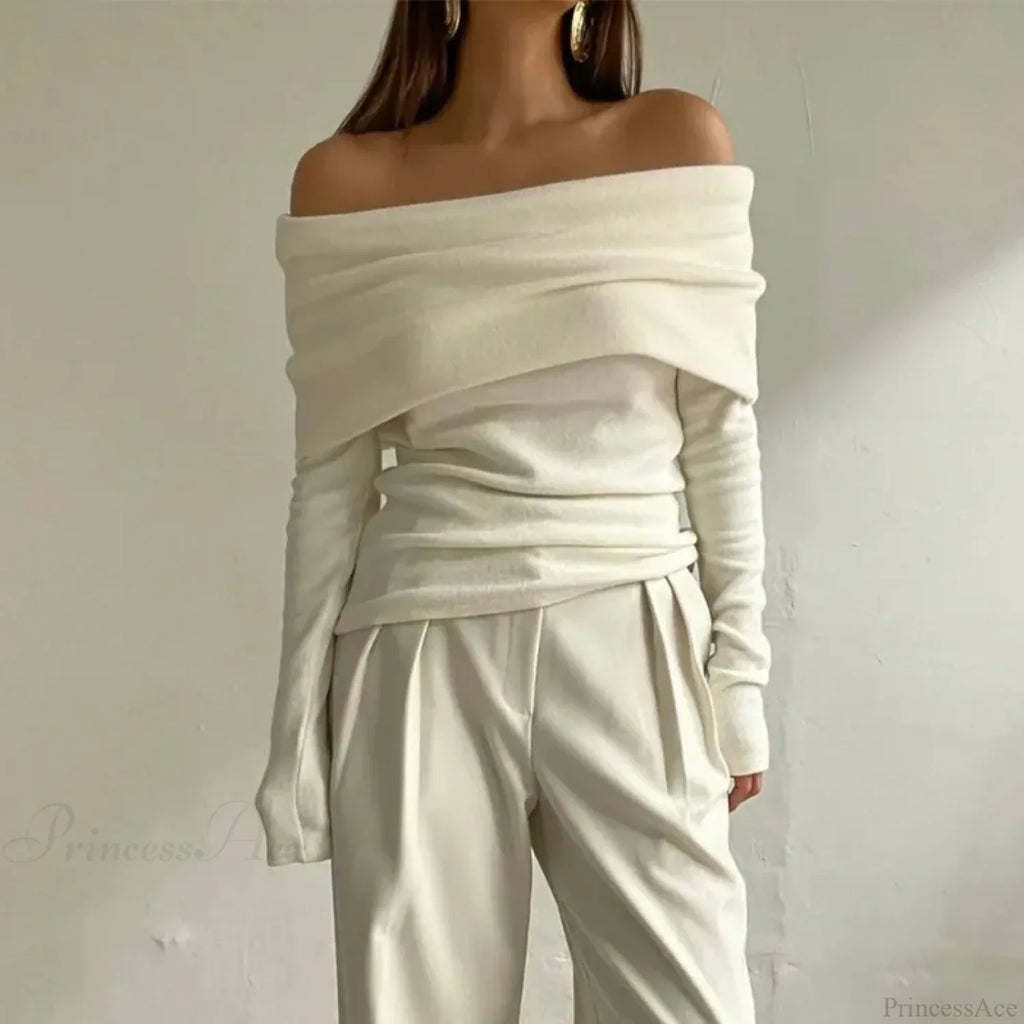 Off-Shoulder Slim Long Sleeve Pleated Sweater image 9