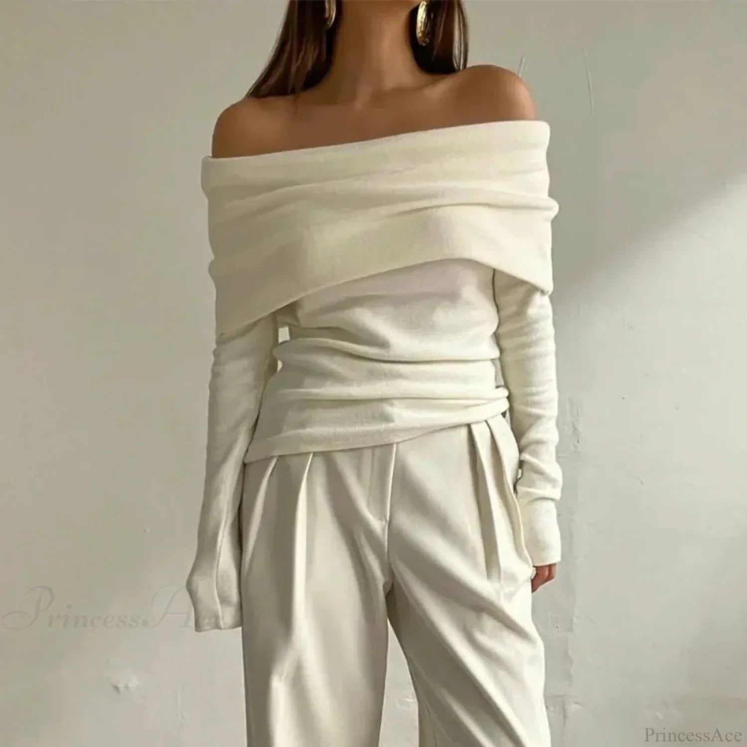 Off-Shoulder Slim Long Sleeve Pleated Sweater image 9