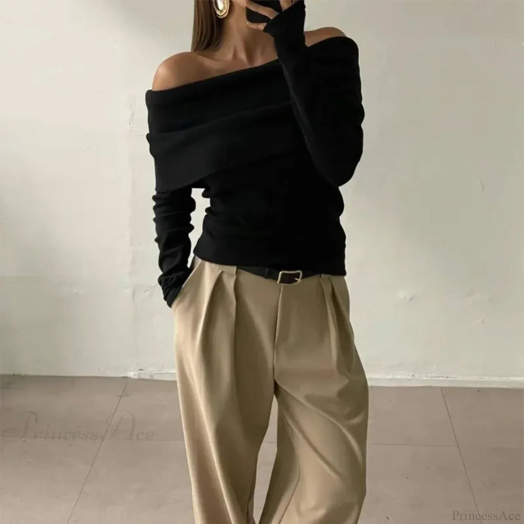 Off-Shoulder Slim Long Sleeve Pleated Sweater image 8