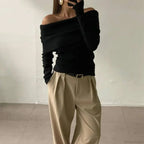 Off-Shoulder Slim Long Sleeve Pleated Sweater image 8