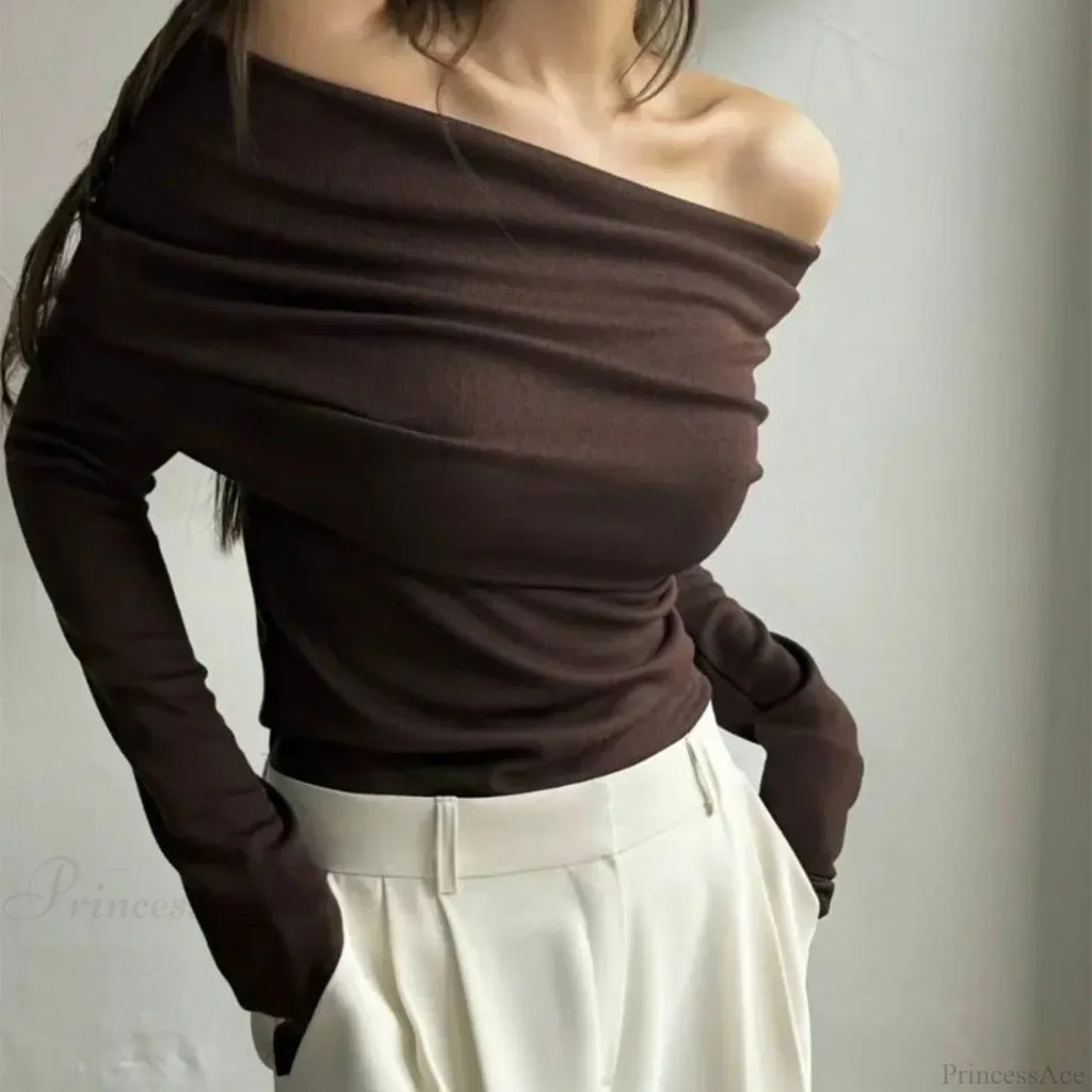 Off-Shoulder Slim Long Sleeve Pleated Sweater image 10