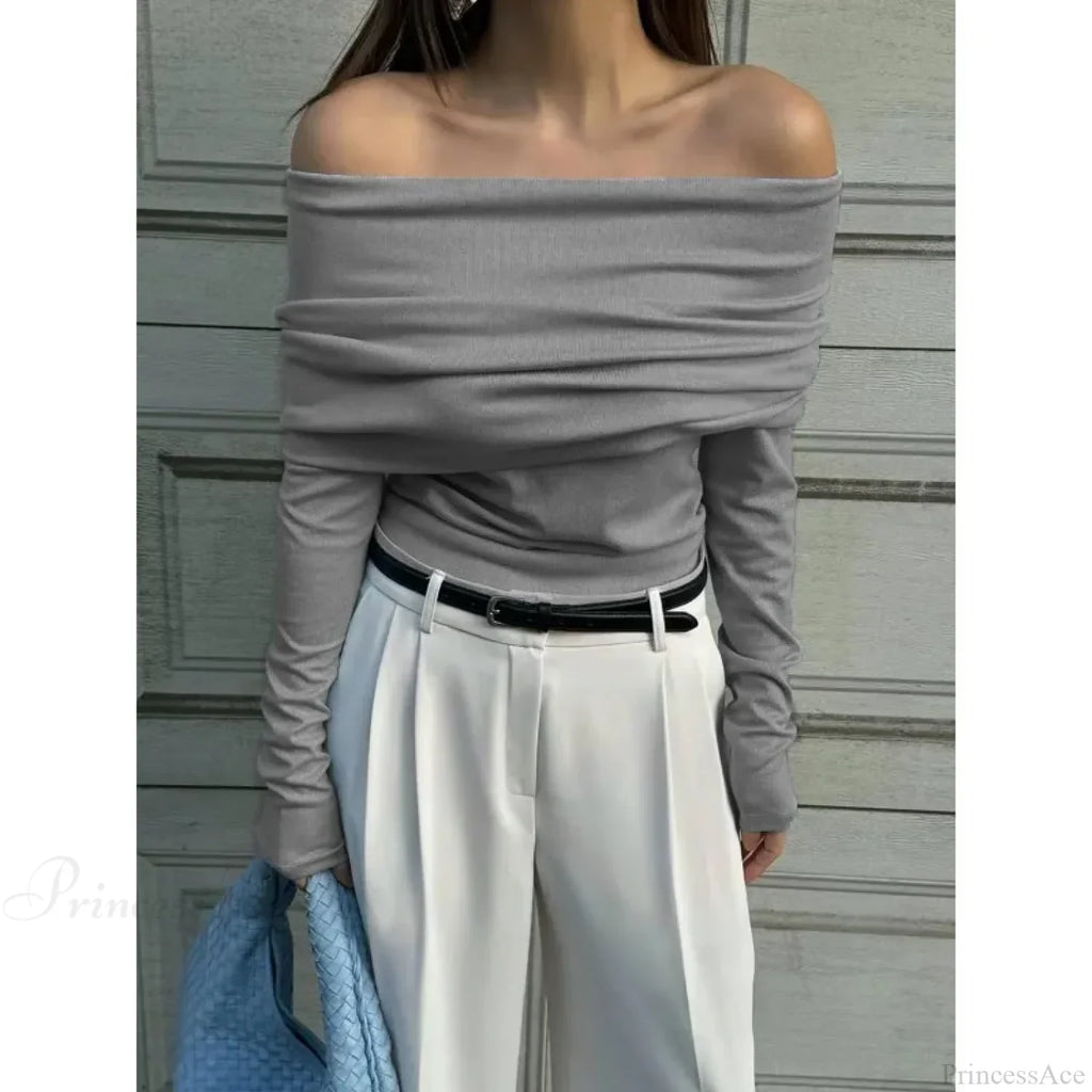 Off-Shoulder Slim Long Sleeve Pleated Sweater image 11