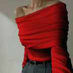 Off-Shoulder Slim Long Sleeve Pleated Sweater image 12