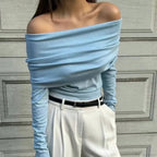 Off-Shoulder Slim Long Sleeve Pleated Sweater image 7