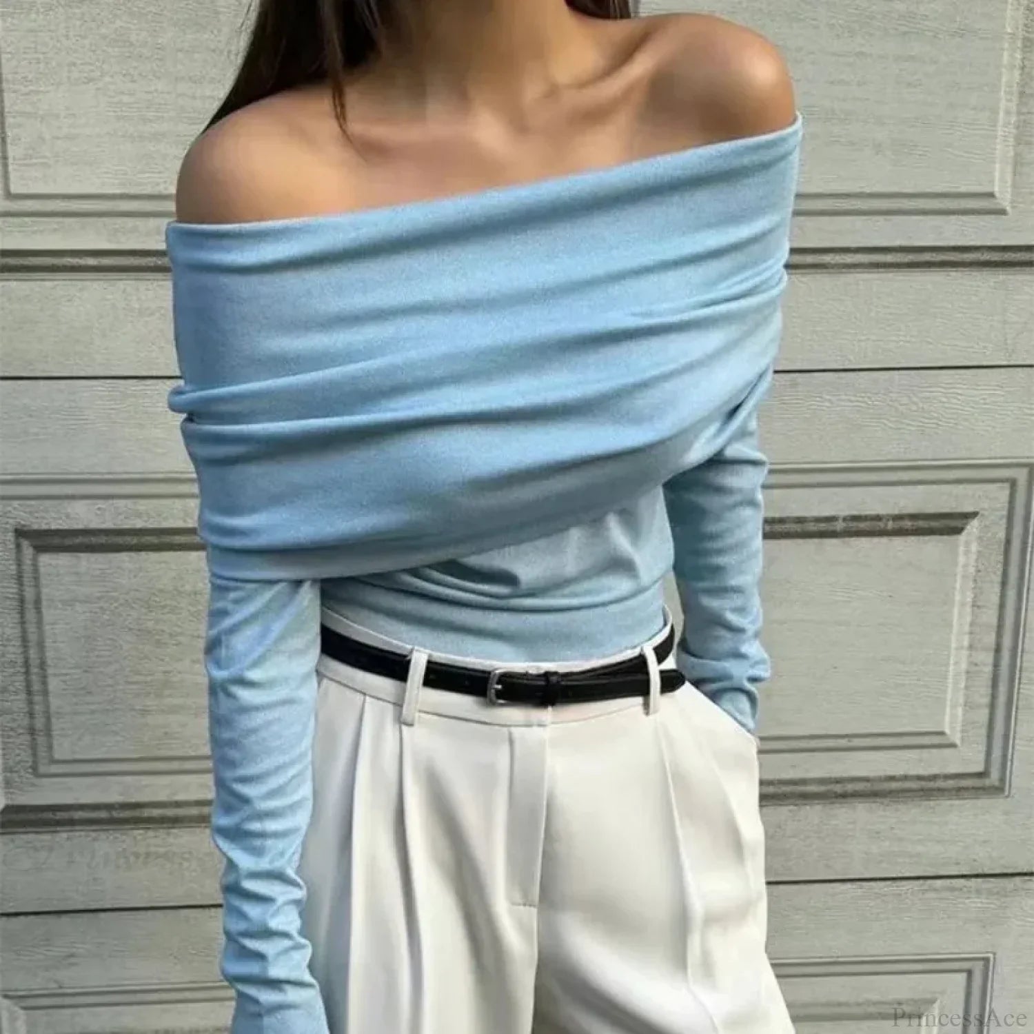 Off-Shoulder Slim Long Sleeve Pleated Sweater image 7