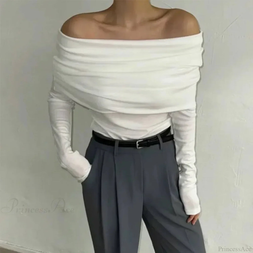 Off-Shoulder Slim Long Sleeve Pleated Sweater image 13