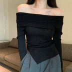 Off Shoulder Slim Slash Neck Long Sleeve Knit Top image 2