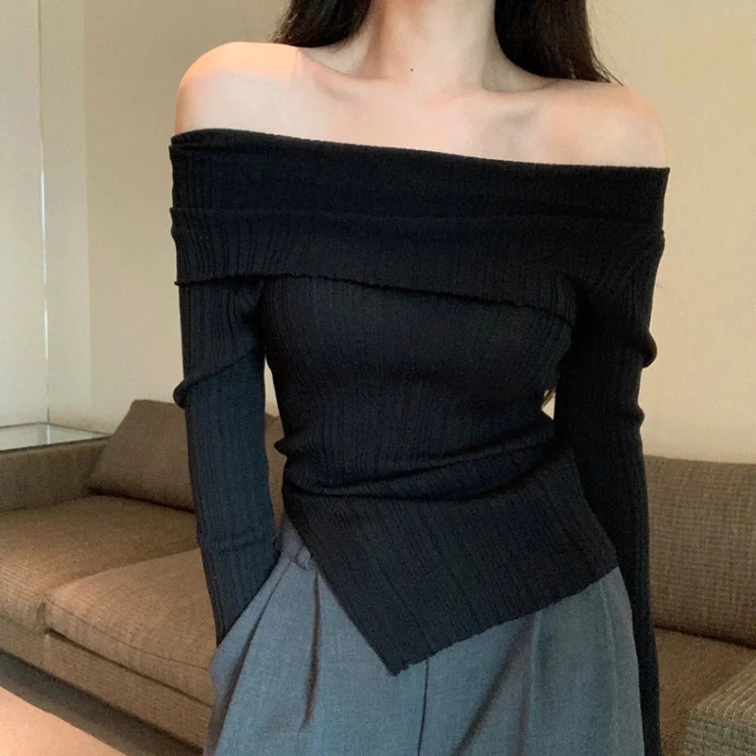 Off Shoulder Slim Slash Neck Long Sleeve Knit Top image 2