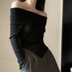 Off Shoulder Slim Slash Neck Long Sleeve Knit Top image 1