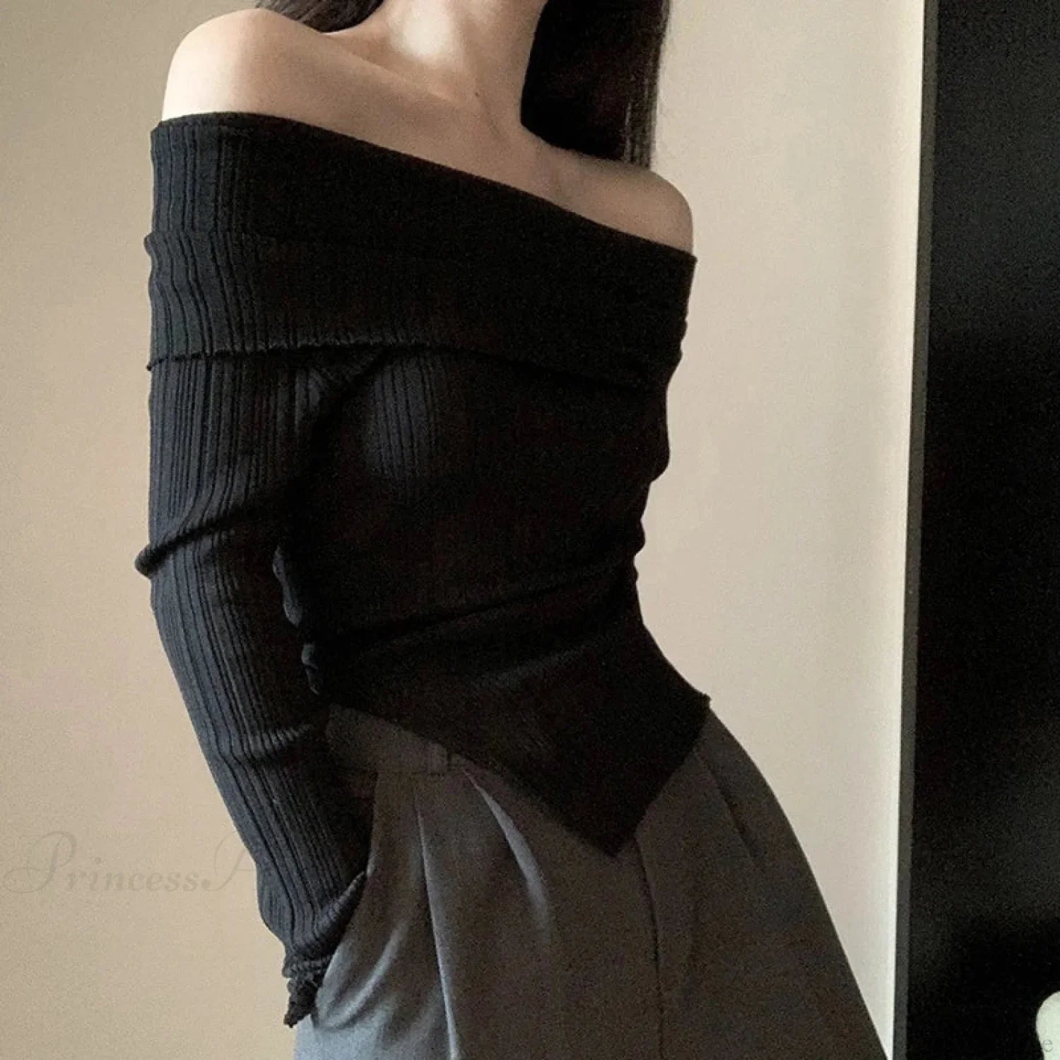 Off Shoulder Slim Slash Neck Long Sleeve Knit Top image 1