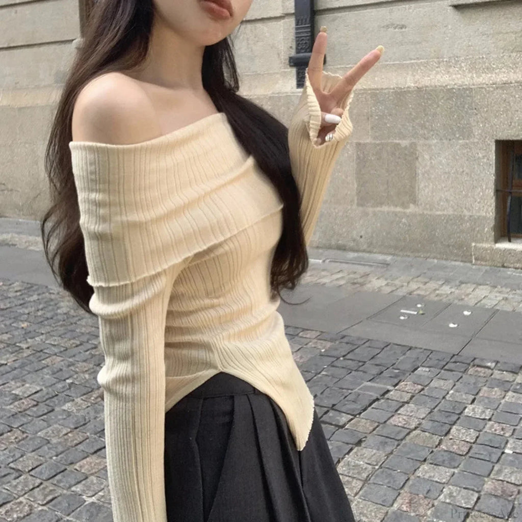 Off Shoulder Slim Slash Neck Long Sleeve Knit Top image 5
