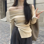 Off Shoulder Slim Slash Neck Long Sleeve Knit Top image 4
