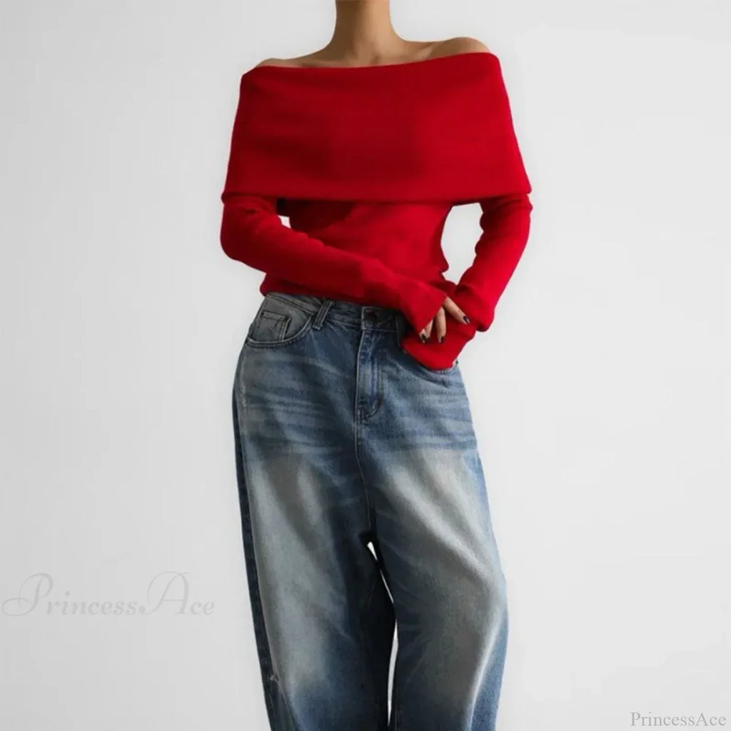 Off-Shoulder Solid Long Sleeve Knitted Sweater image 2