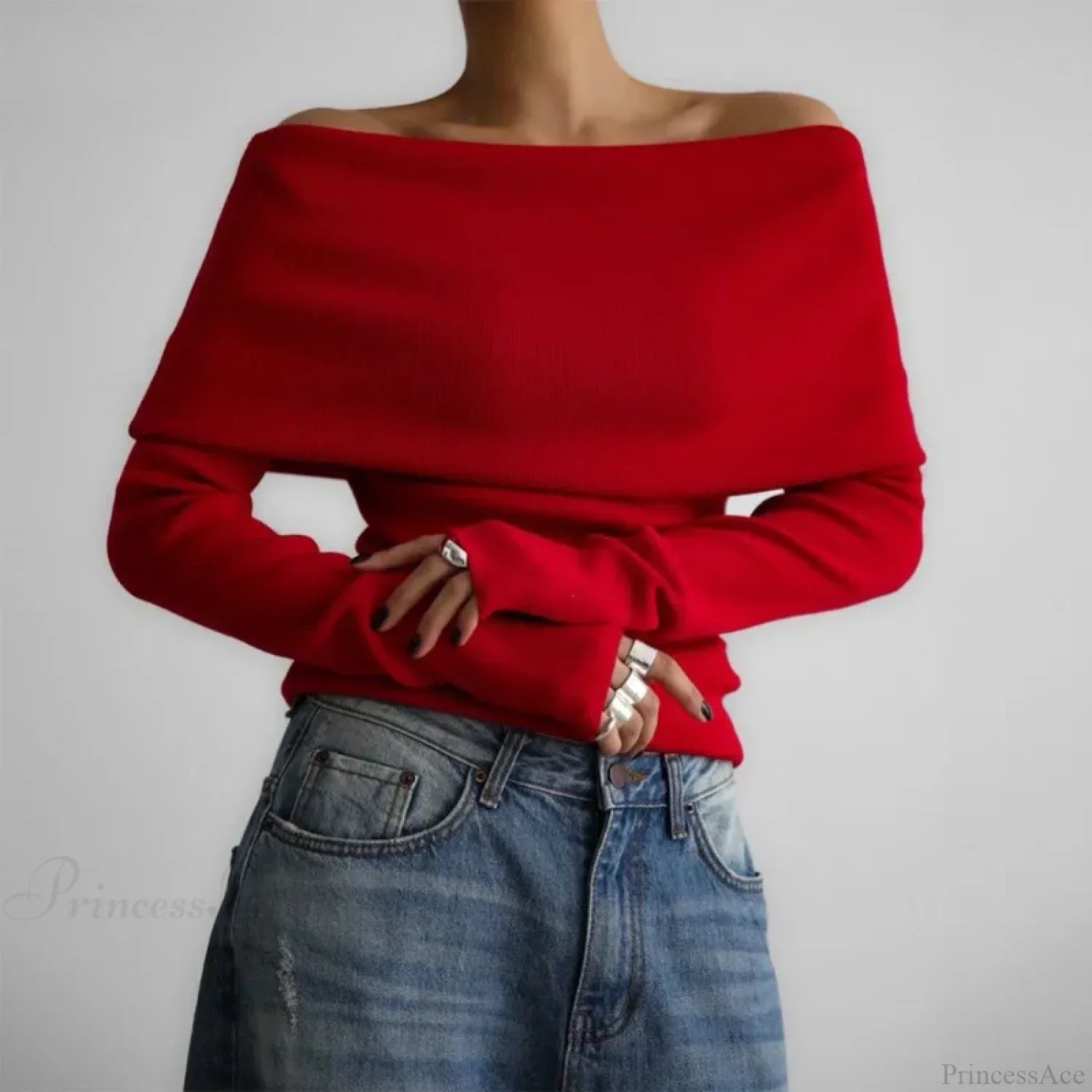 Off-Shoulder Solid Long Sleeve Knitted Sweater image 1
