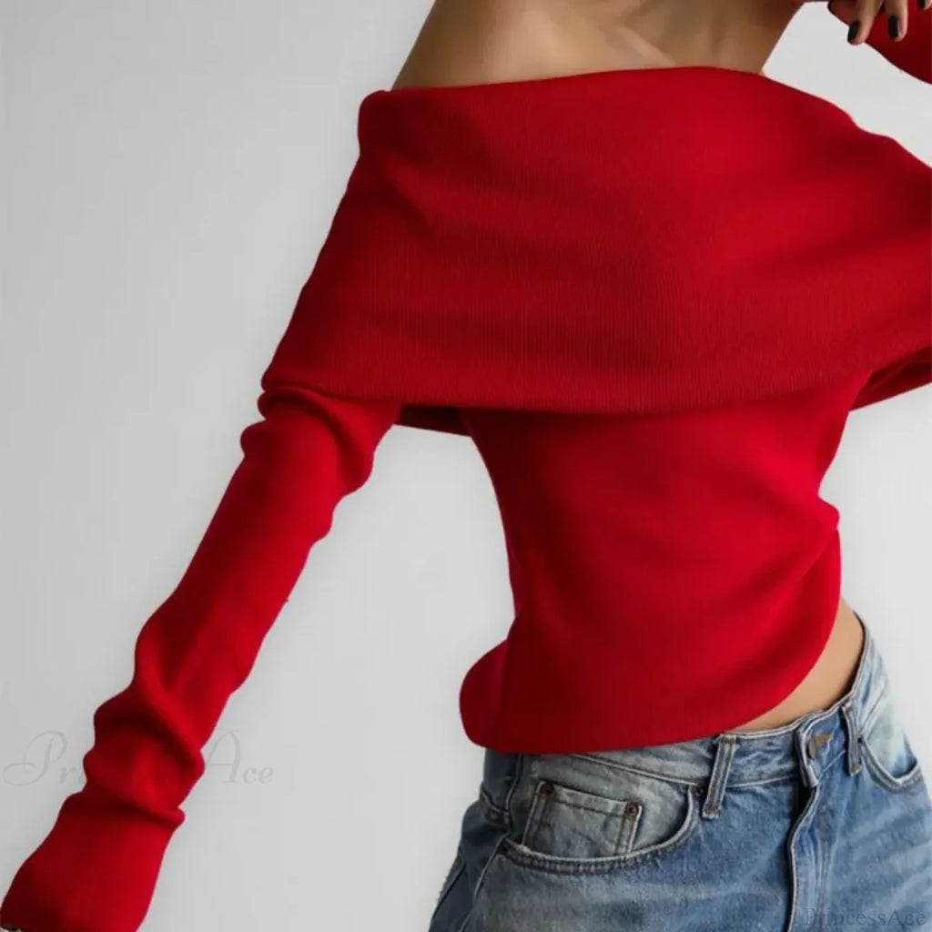 Off-Shoulder Solid Long Sleeve Knitted Sweater image 3