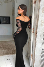Off Shoulder Spliced Lace Trim Maxi Dress image 4