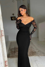 Off Shoulder Spliced Lace Trim Maxi Dress image 3