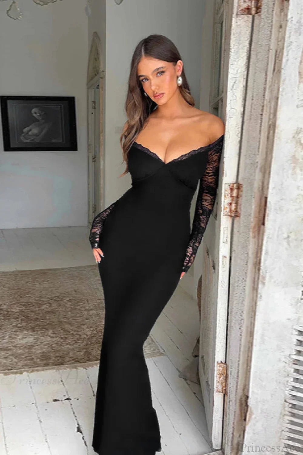Off Shoulder Spliced Lace Trim Maxi Dress image 1