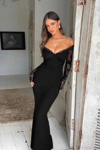 Off Shoulder Spliced Lace Trim Maxi Dress image 1