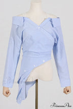 Off Shoulder Striped Blouse with Irregular Long Sleeves image 5