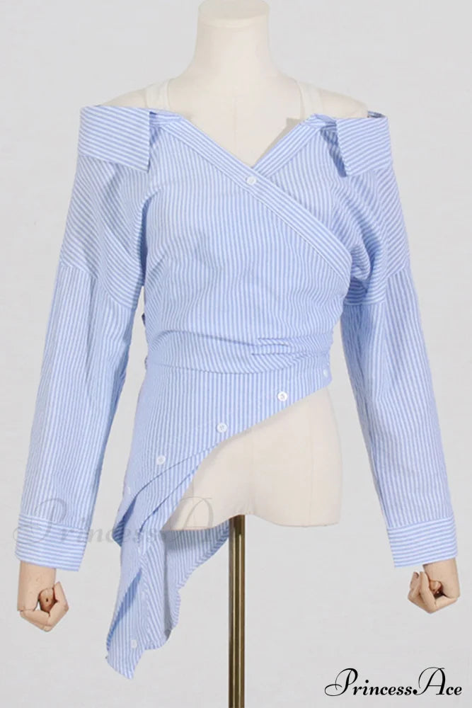 Off Shoulder Striped Blouse with Irregular Long Sleeves image 5