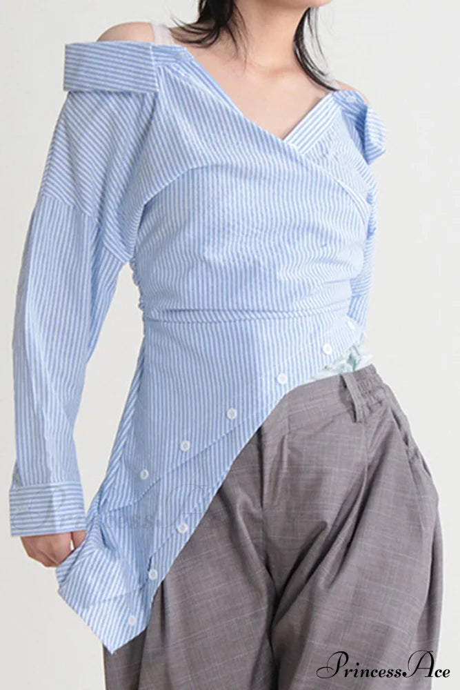Off Shoulder Striped Blouse with Irregular Long Sleeves image 3