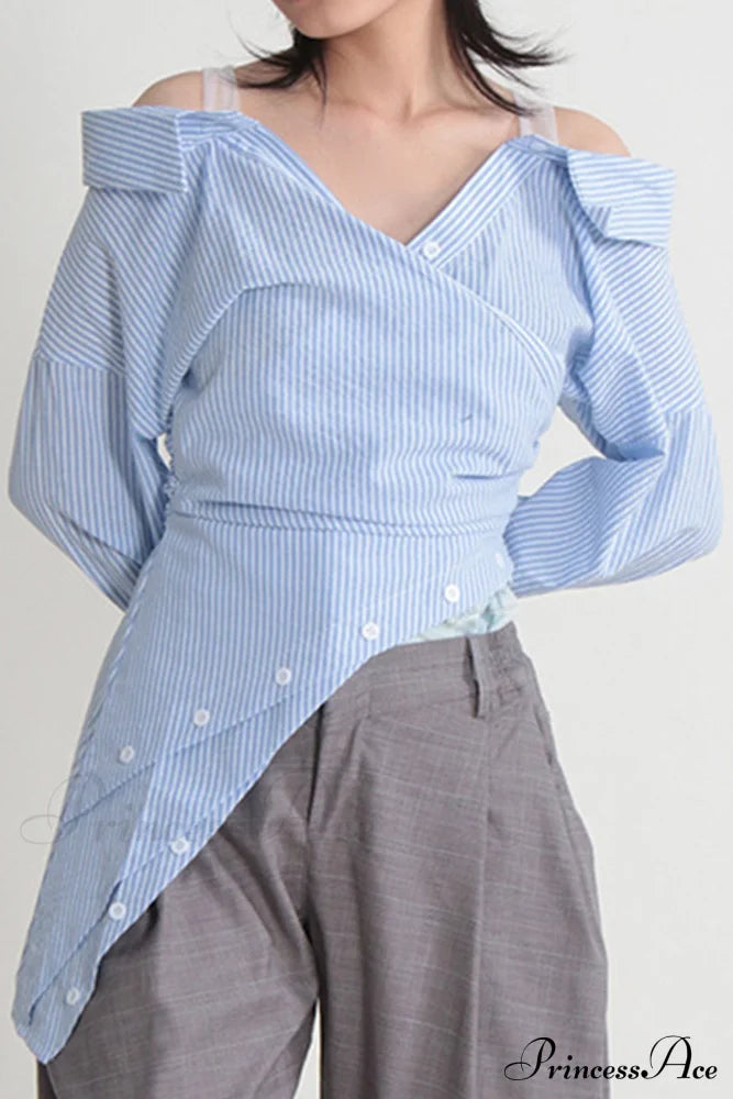 Off Shoulder Striped Blouse with Irregular Long Sleeves image 2