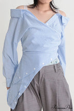 Off Shoulder Striped Blouse with Irregular Long Sleeves image 4