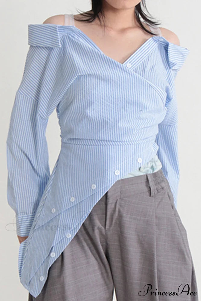 Off Shoulder Striped Blouse with Irregular Long Sleeves image 4
