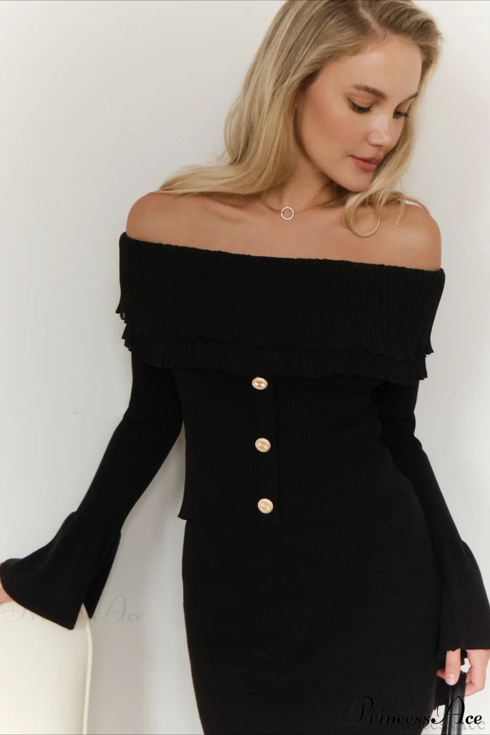 Off-the-Shoulder French Button-Panel Knit Sweater image 11