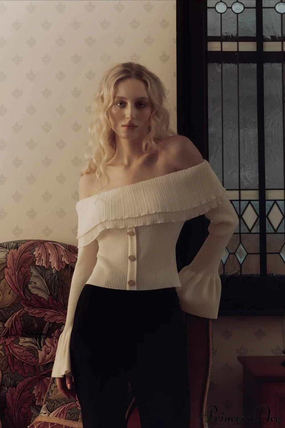 Off-the-Shoulder French Button-Panel Knit Sweater image 6