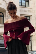 Off-the-Shoulder French Button-Panel Knit Sweater image 1