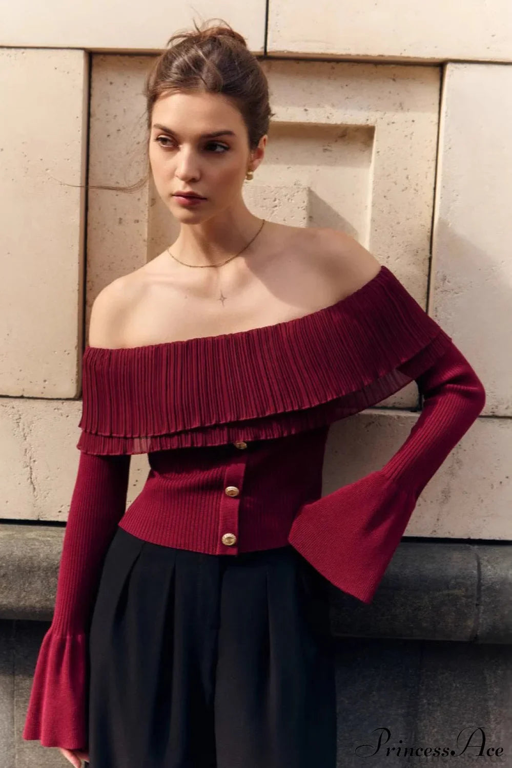 Off-the-Shoulder French Button-Panel Knit Sweater image 2